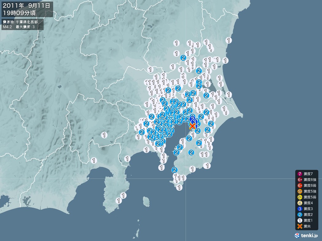 地震情報 2011年09月11日 19時09分頃発生 最大震度：3 震源地：千葉県北西部(拡大画像)
