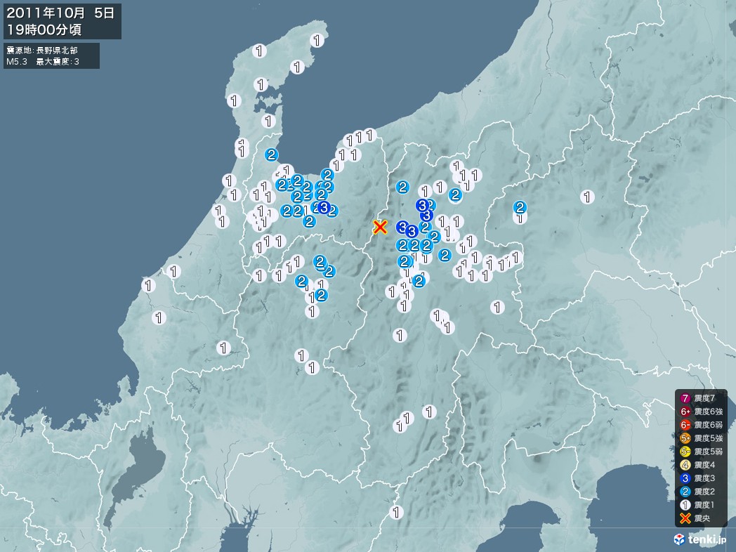 地震情報 2011年10月05日 19時00分頃発生 最大震度：3 震源地：長野県北部(拡大画像)