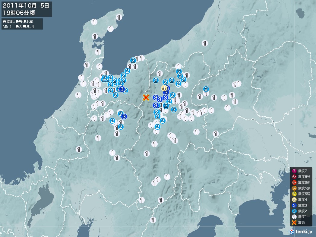 地震情報 2011年10月05日 19時06分頃発生 最大震度：4 震源地：長野県北部(拡大画像)