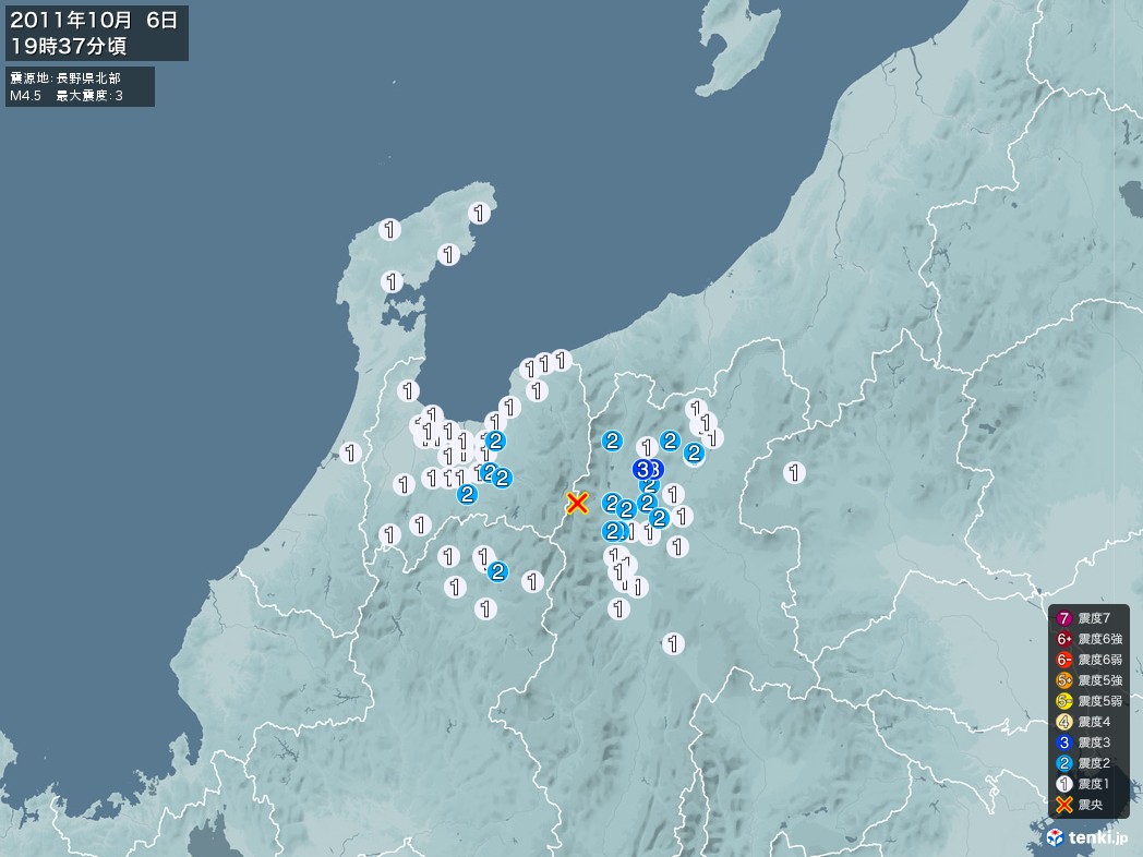 地震情報 2011年10月06日 19時37分頃発生 最大震度：3 震源地：長野県北部(拡大画像)