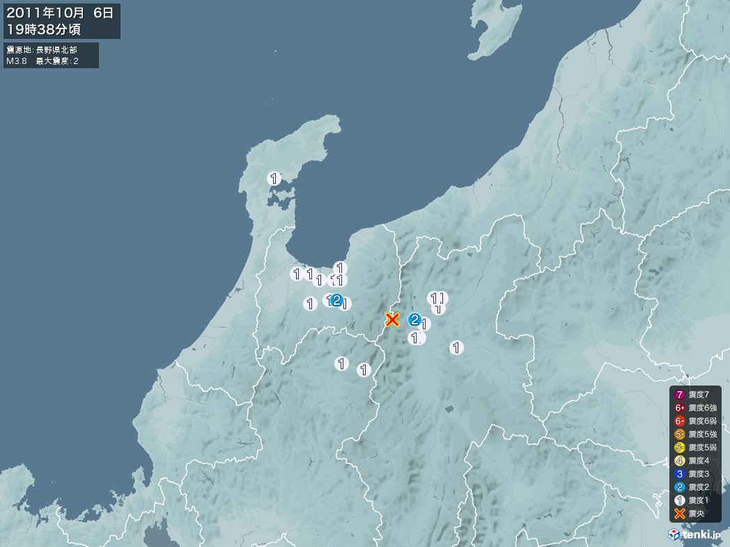 地震情報 2011年10月06日 19時38分頃発生 最大震度：2 震源地：長野県北部(拡大画像)