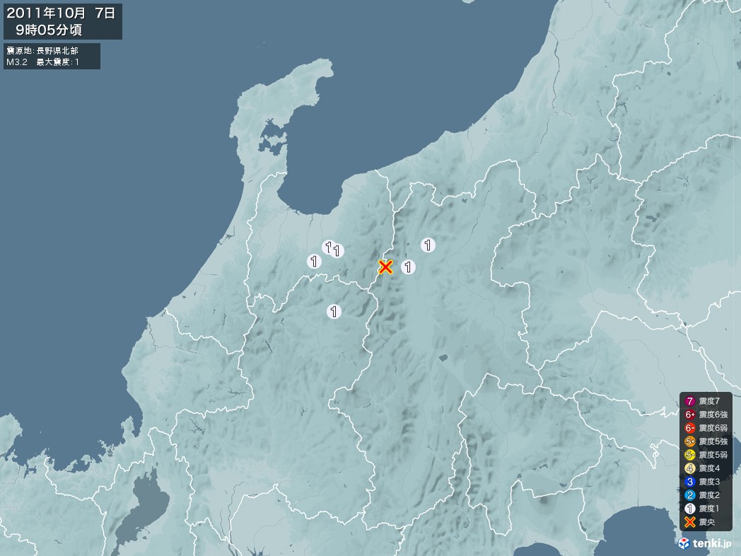 地震情報 2011年10月07日 09時05分頃発生 最大震度：1 震源地：長野県北部(拡大画像)