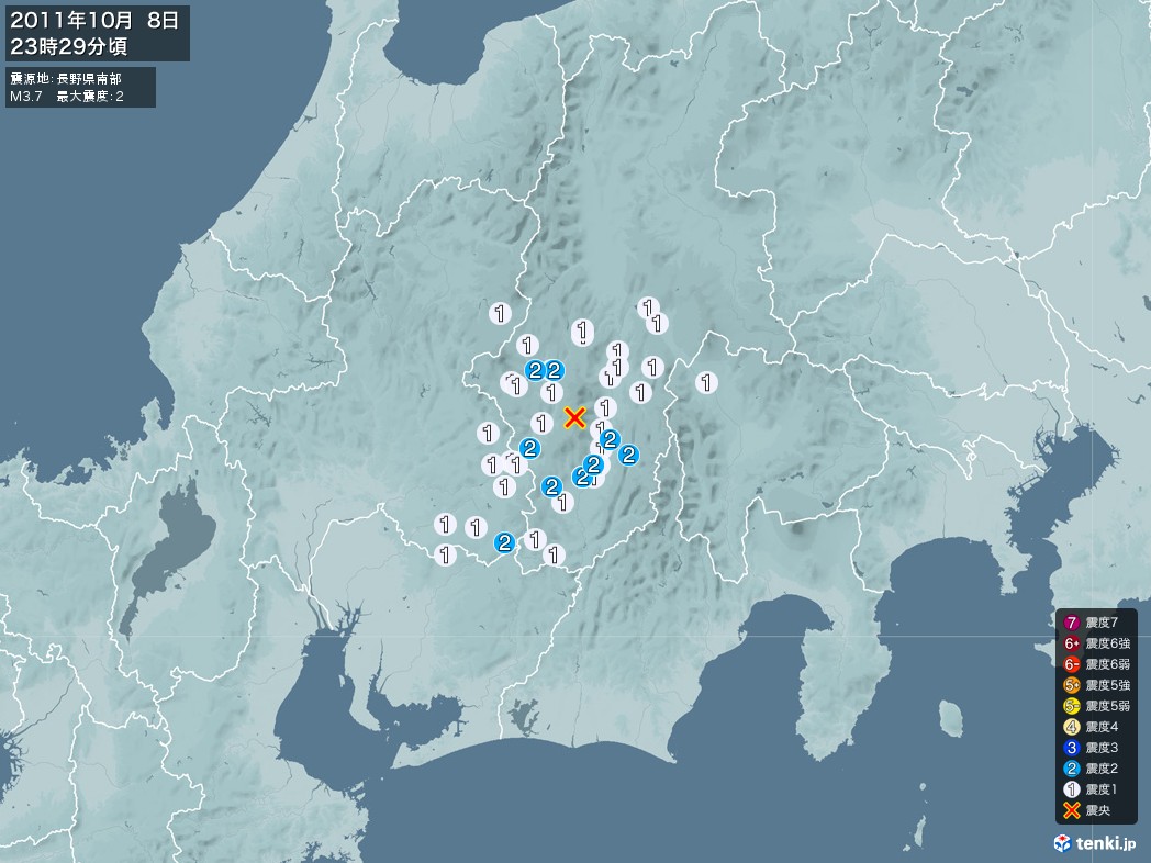 地震情報 2011年10月08日 23時29分頃発生 最大震度：2 震源地：長野県南部(拡大画像)