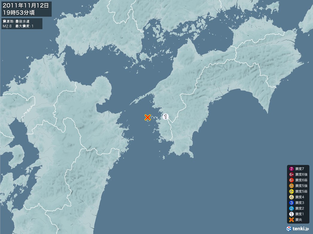 地震情報 2011年11月12日 19時53分頃発生 最大震度：1 震源地：豊後水道(拡大画像)