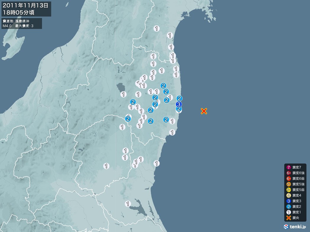 地震情報 2011年11月13日 18時05分頃発生 最大震度：3 震源地：福島県沖(拡大画像)