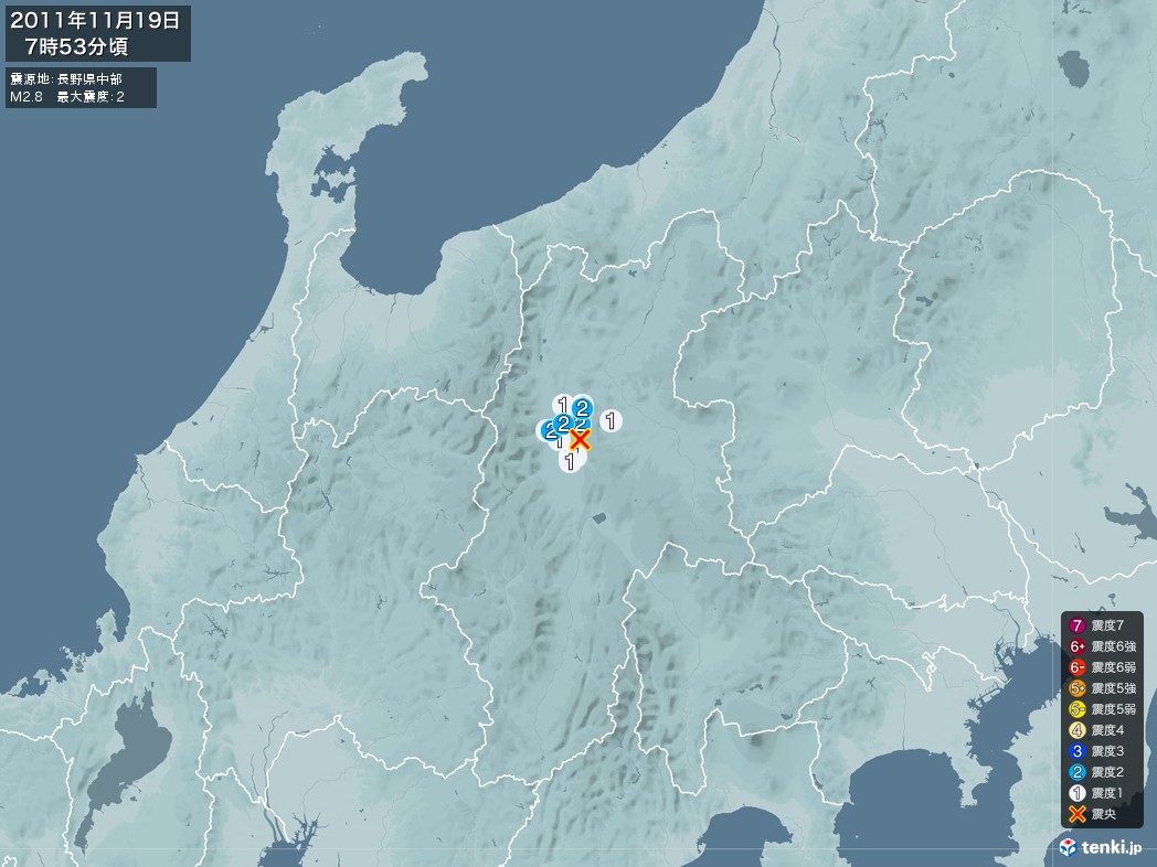 地震情報 2011年11月19日 07時53分頃発生 最大震度：2 震源地：長野県中部(拡大画像)