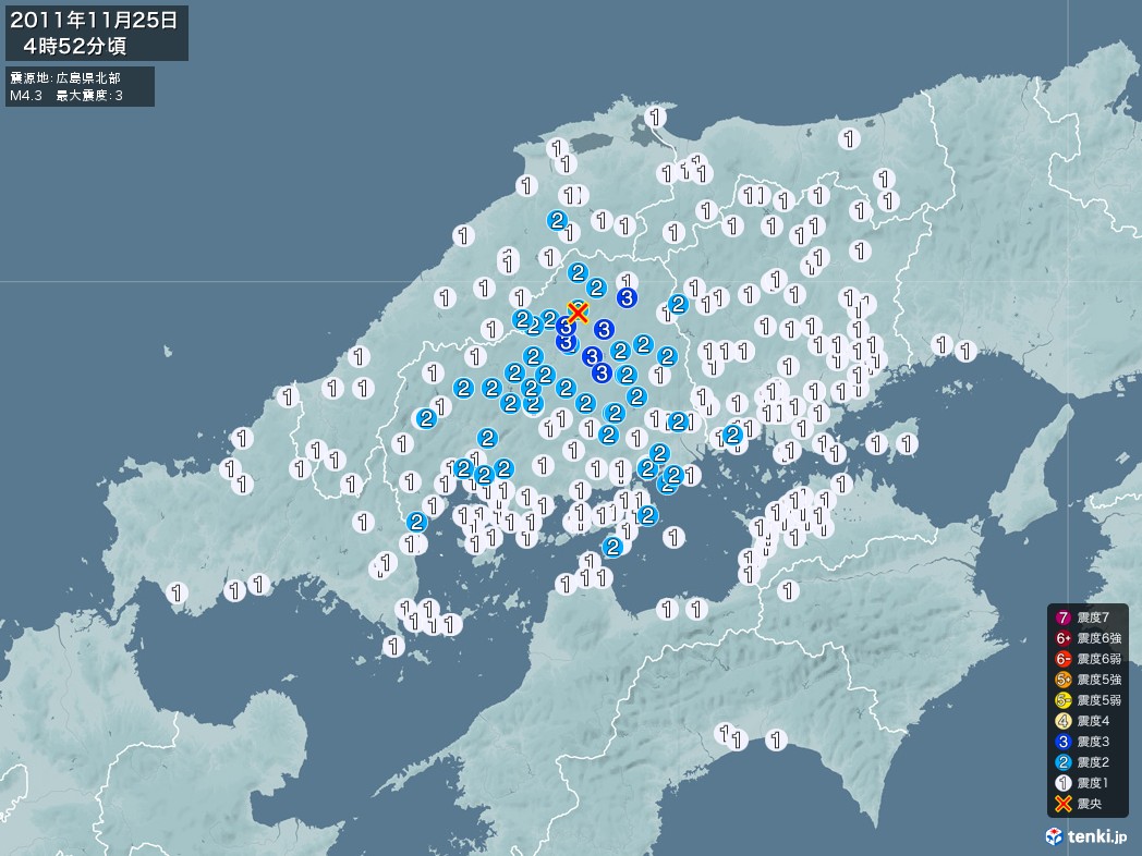 地震情報 2011年11月25日 04時52分頃発生 最大震度：3 震源地：広島県北部(拡大画像)