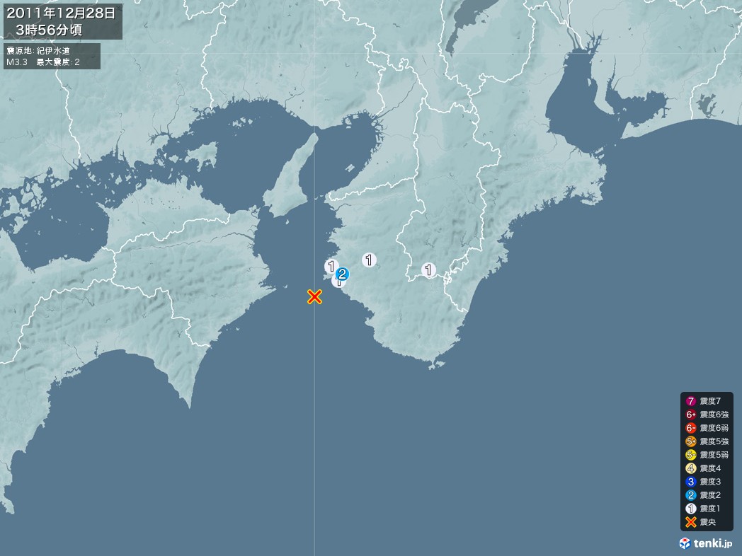 地震情報 2011年12月28日 03時56分頃発生 最大震度：2 震源地：紀伊水道(拡大画像)