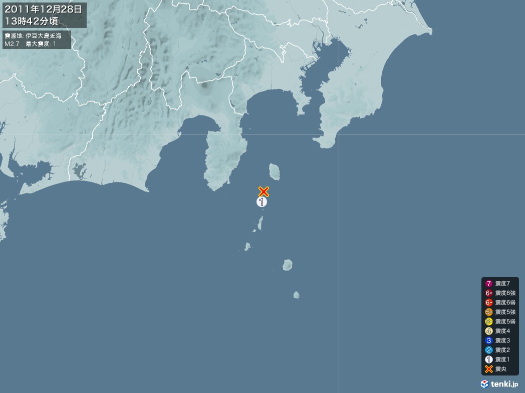 地震情報 2011年12月28日 13時42分頃発生 最大震度：1 震源地：伊豆大島近海(拡大画像)