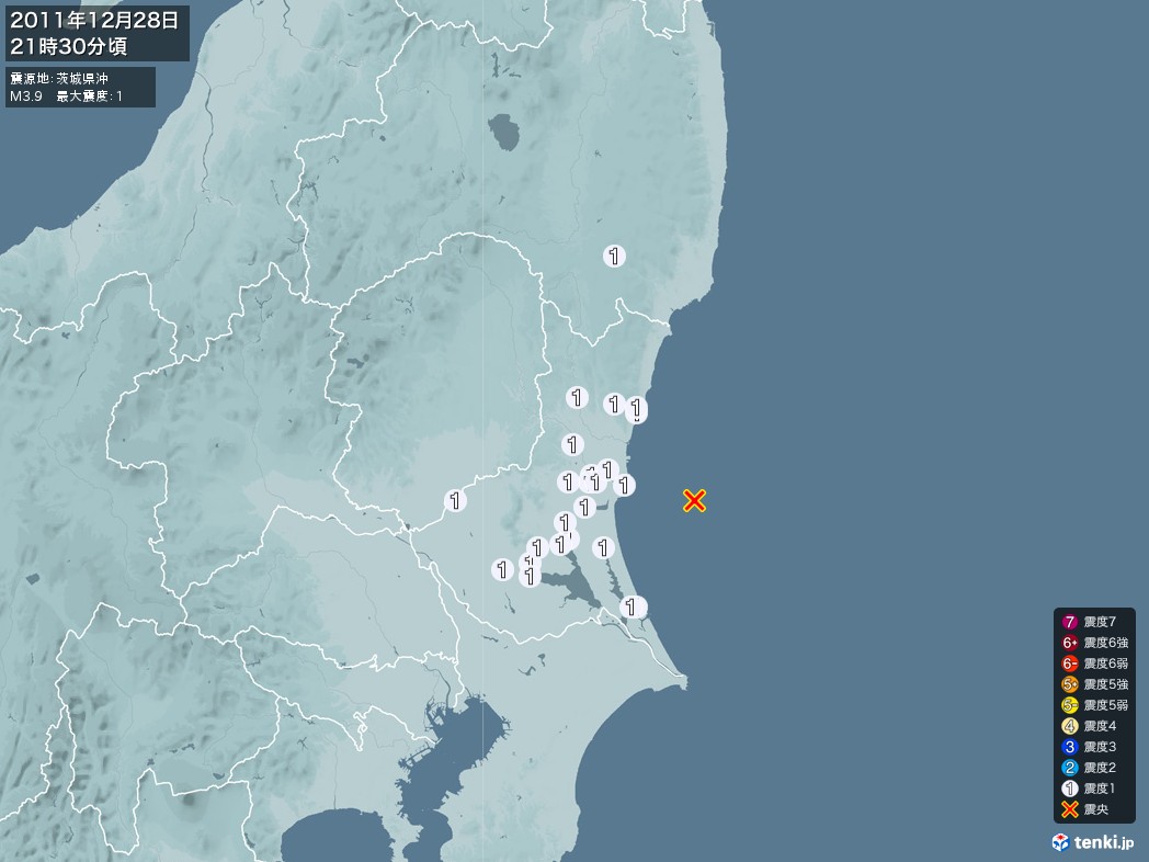 地震情報 2011年12月28日 21時30分頃発生 最大震度：1 震源地：茨城県沖(拡大画像)
