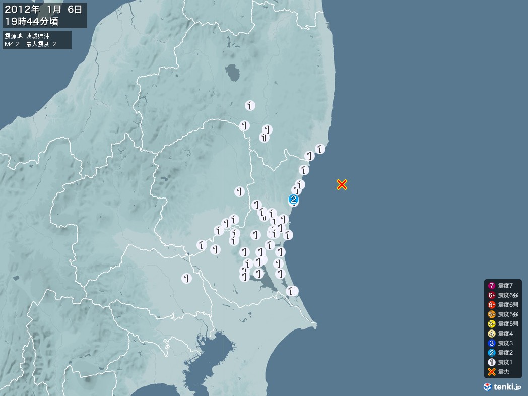 地震情報 2012年01月06日 19時44分頃発生 最大震度：2 震源地：茨城県沖(拡大画像)
