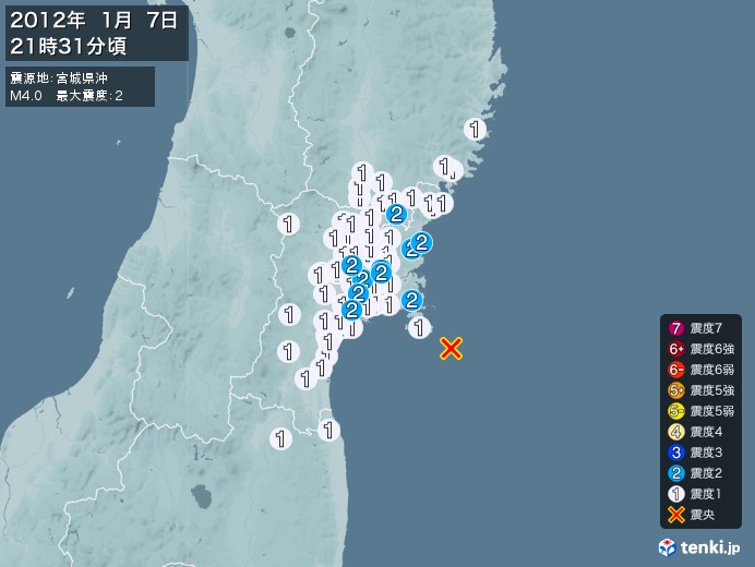 地震情報(2012年01月07日21時31分発生)