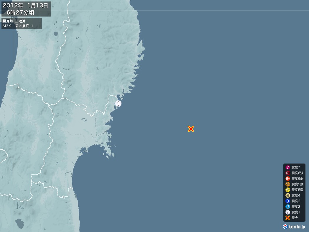 地震情報 2012年01月13日 06時27分頃発生 最大震度：1 震源地：三陸沖(拡大画像)