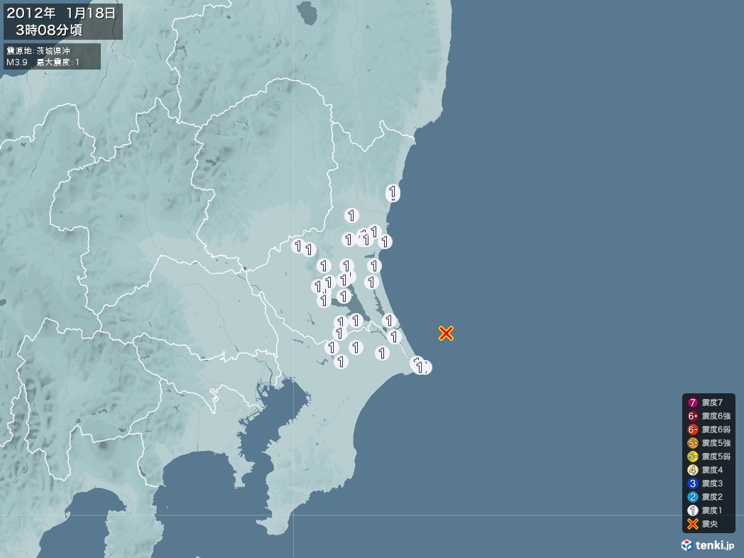 地震情報 2012年01月18日 03時08分頃発生 最大震度：1 震源地：茨城県沖(拡大画像)