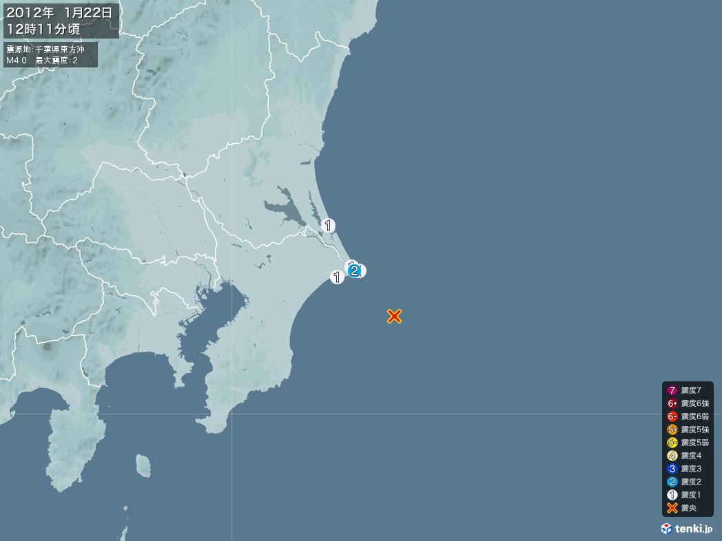 地震情報 2012年01月22日 12時11分頃発生 最大震度：2 震源地：千葉県東方沖(拡大画像)