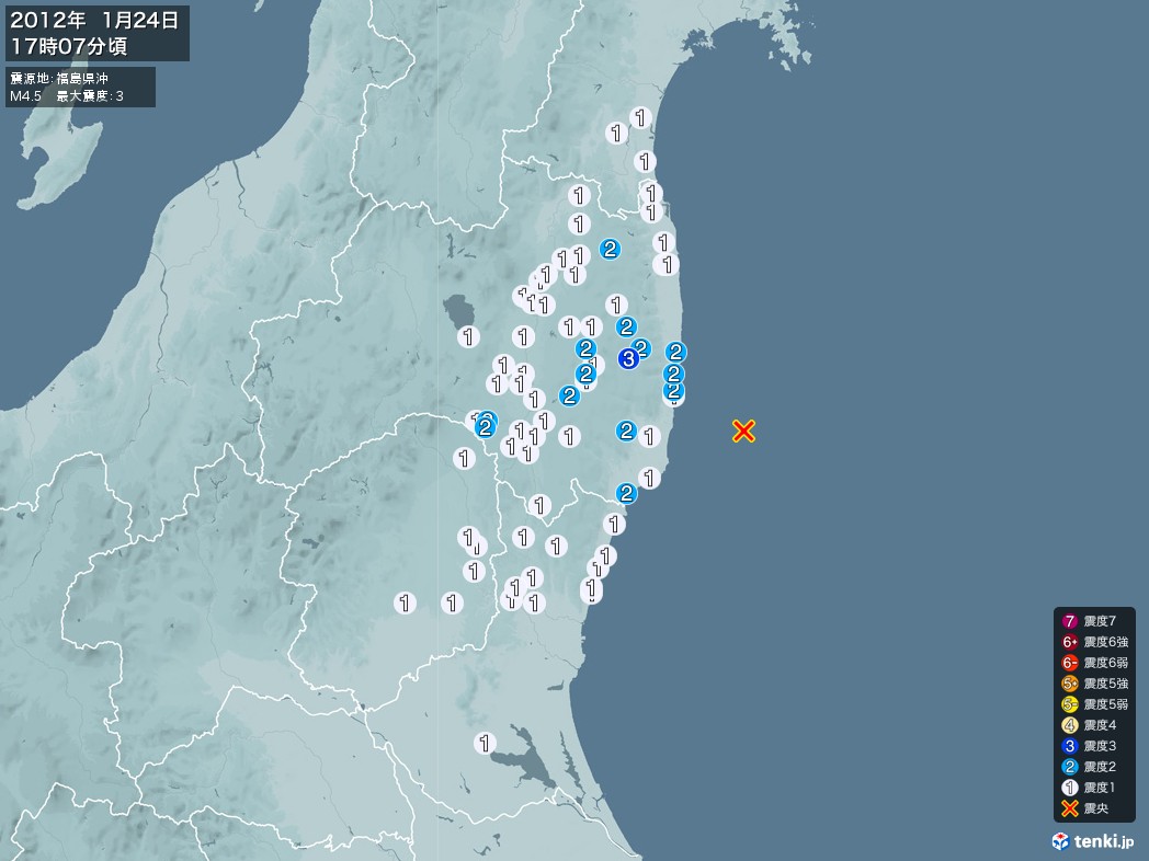 地震情報 2012年01月24日 17時07分頃発生 最大震度：3 震源地：福島県沖(拡大画像)