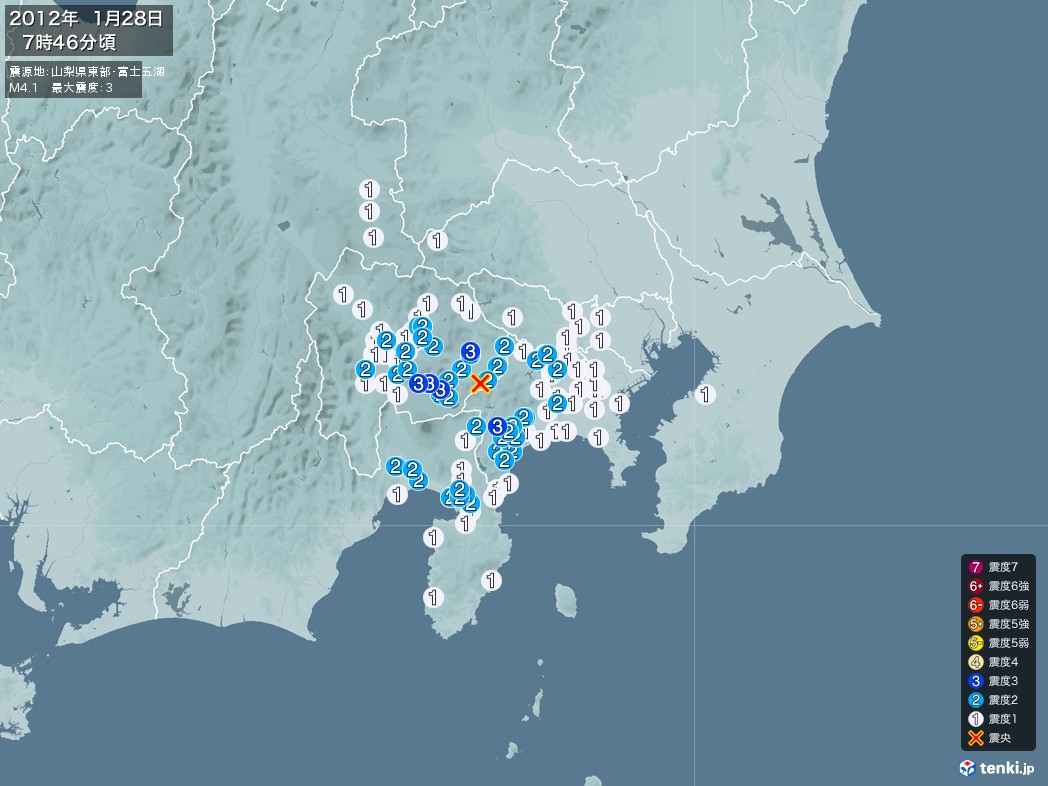 地震情報 2012年01月28日 07時46分頃発生 最大震度：3 震源地：山梨県東部・富士五湖(拡大画像)
