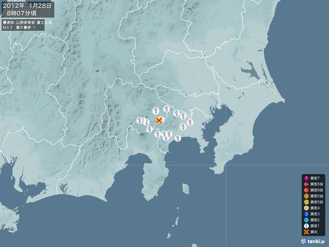 地震情報 2012年01月28日 08時07分頃発生 最大震度：1 震源地：山梨県東部・富士五湖(拡大画像)