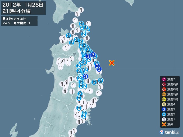 地震情報(2012年01月28日21時44分発生)