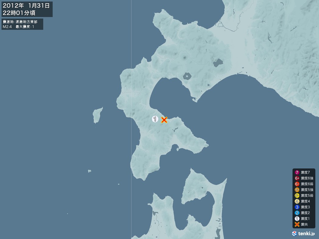 地震情報 2012年01月31日 22時01分頃発生 最大震度：1 震源地：渡島地方東部(拡大画像)