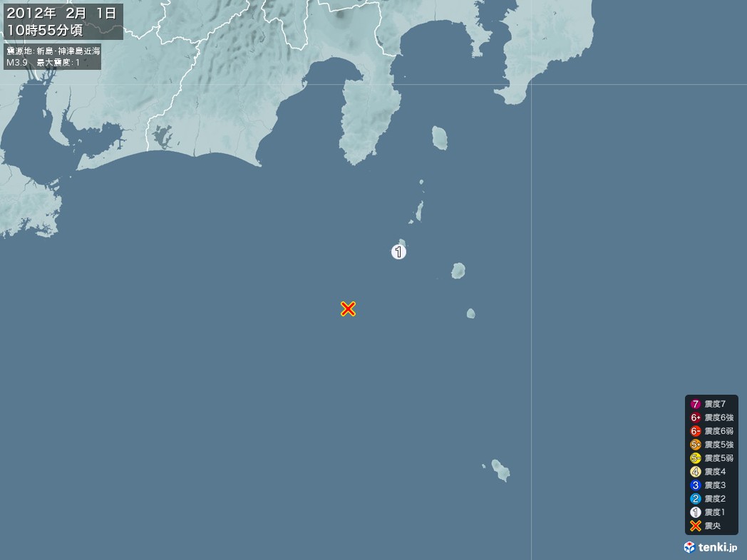 地震情報 2012年02月01日 10時55分頃発生 最大震度：1 震源地：新島・神津島近海(拡大画像)