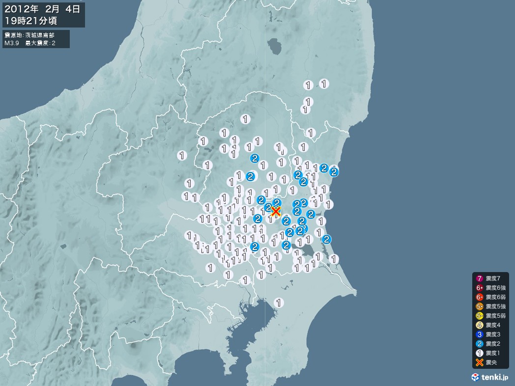 地震情報 2012年02月04日 19時21分頃発生 最大震度：2 震源地：茨城県南部(拡大画像)