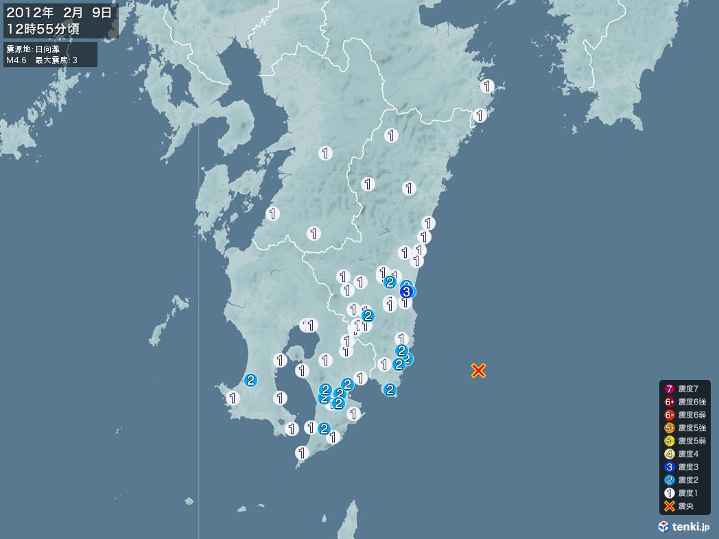 地震情報 2012年02月09日 12時55分頃発生 最大震度：3 震源地：日向灘(拡大画像)