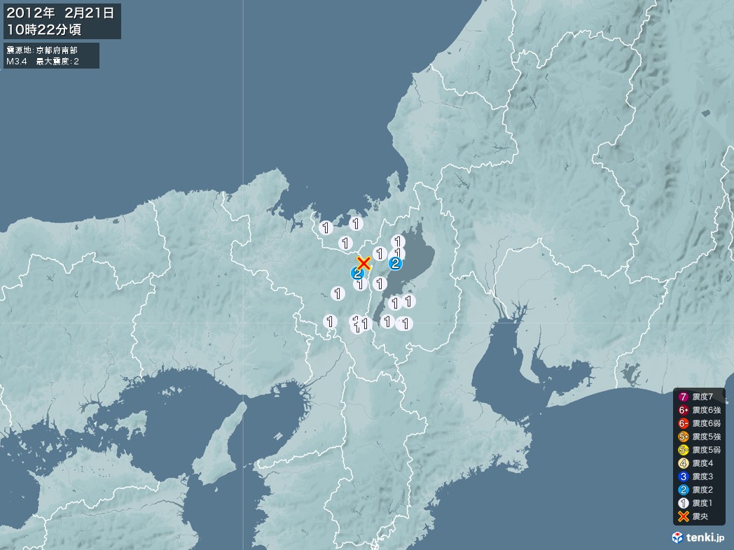 地震情報 2012年02月21日 10時22分頃発生 最大震度：2 震源地：京都府南部(拡大画像)