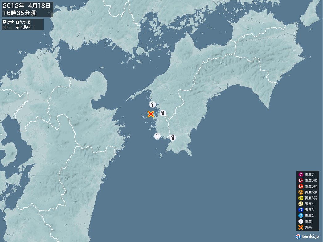 地震情報 2012年04月18日 16時35分頃発生 最大震度：1 震源地：豊後水道(拡大画像)