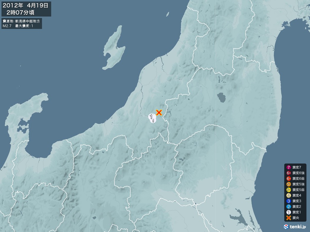 地震情報 2012年04月19日 02時07分頃発生 最大震度：1 震源地：新潟県中越地方(拡大画像)