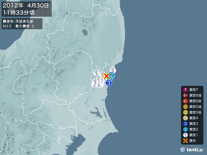 地震情報(2012年04月30日11時33分発生)