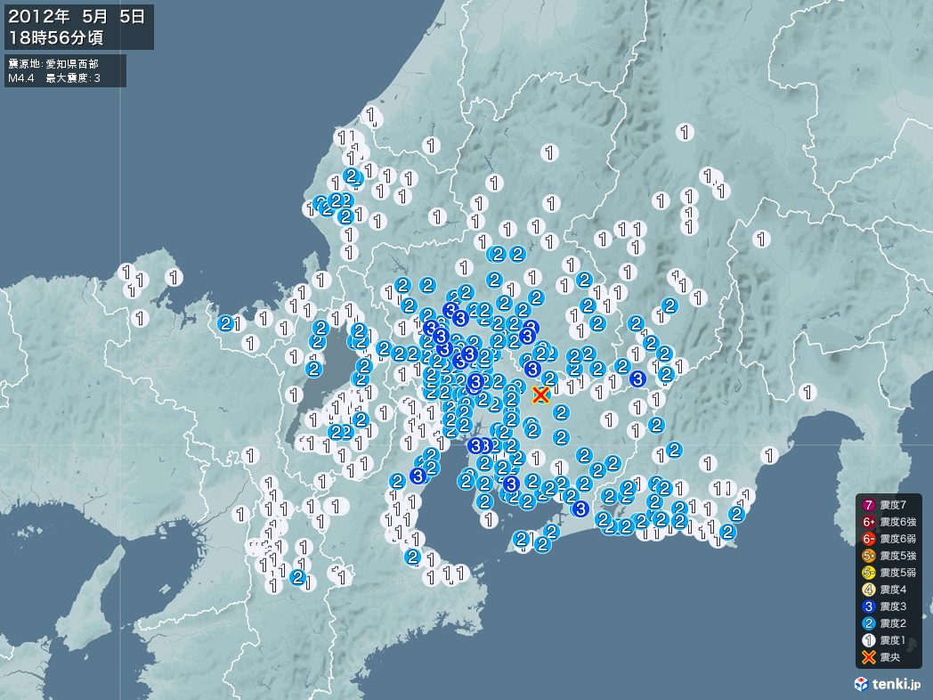 地震情報 2012年05月05日 18時56分頃発生 最大震度：3 震源地：愛知県西部(拡大画像)