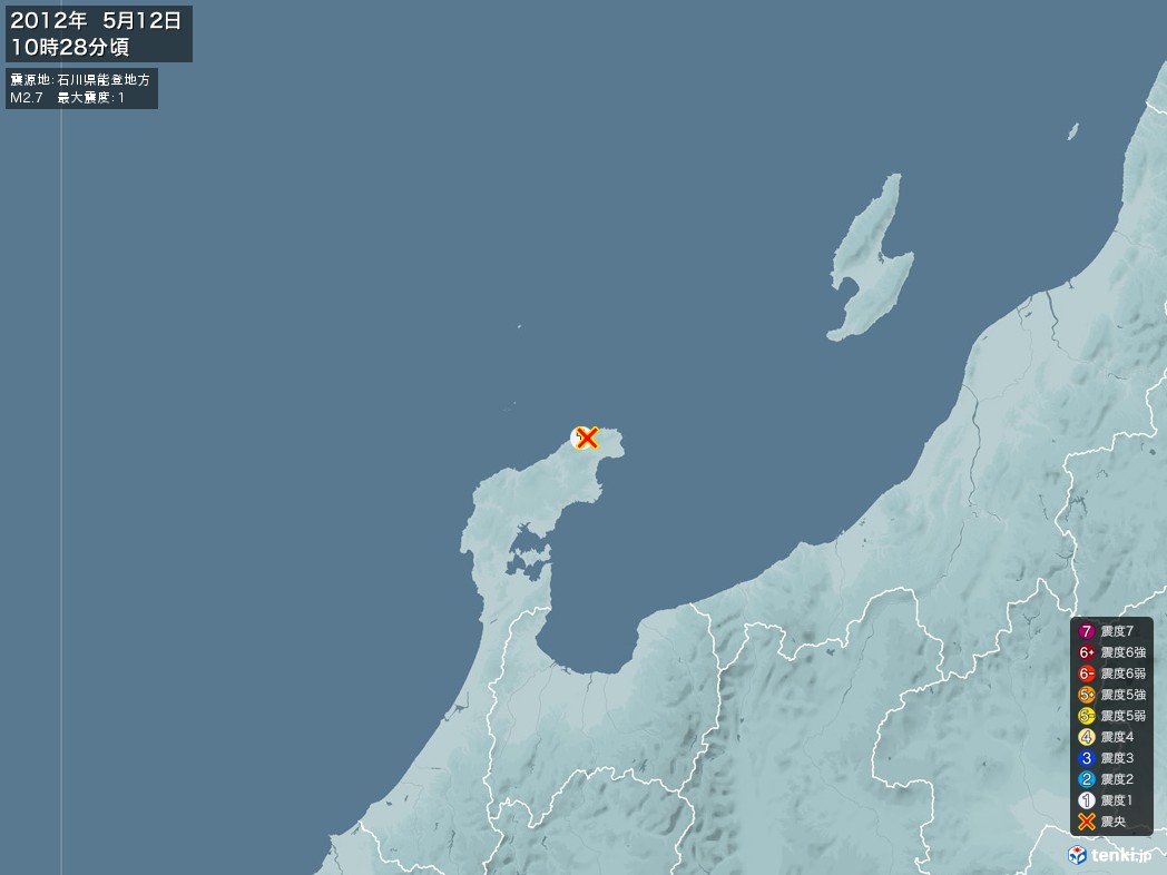 地震情報 2012年05月12日 10時28分頃発生 最大震度：1 震源地：石川県能登地方(拡大画像)