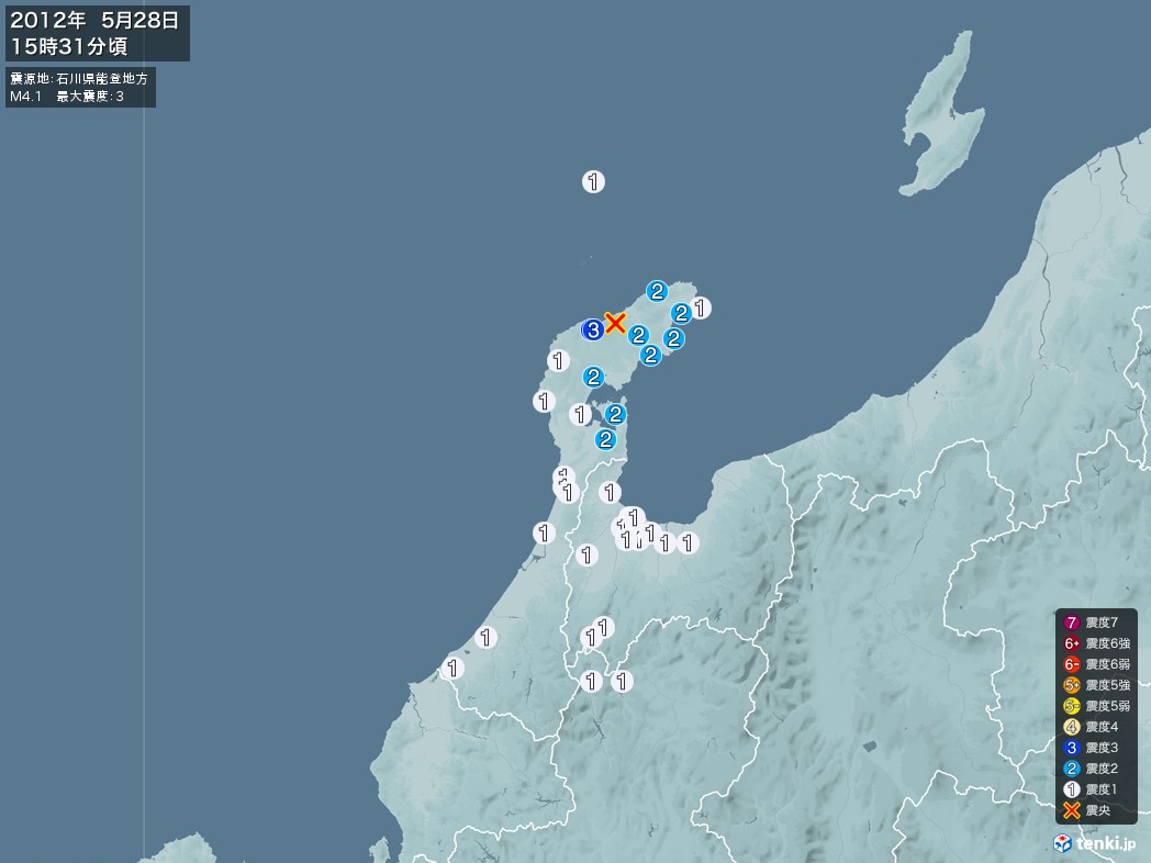 地震情報 2012年05月28日 15時31分頃発生 最大震度：3 震源地：石川県能登地方(拡大画像)