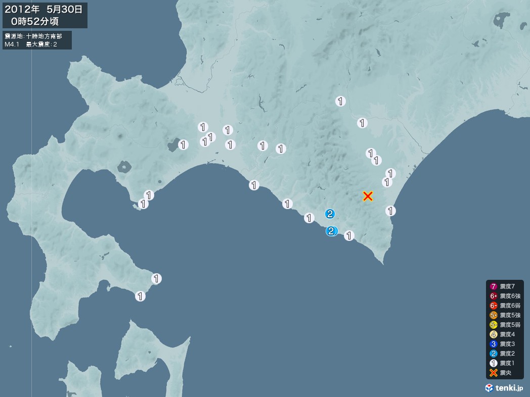 地震情報 2012年05月30日 00時52分頃発生 最大震度：2 震源地：十勝地方南部(拡大画像)