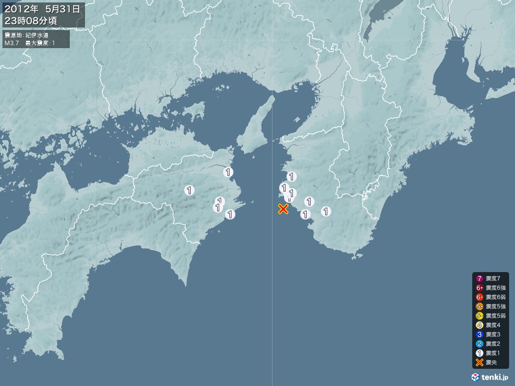 地震情報 2012年05月31日 23時08分頃発生 最大震度：1 震源地：紀伊水道(拡大画像)