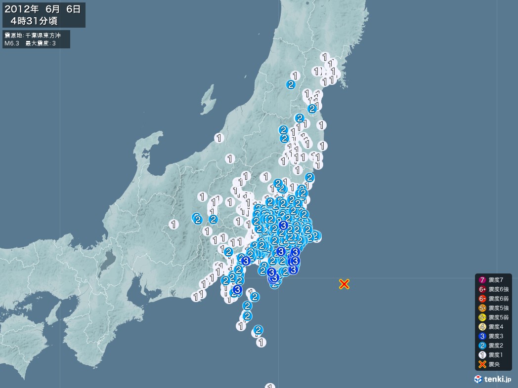地震情報 2012年06月06日 04時31分頃発生 最大震度：3 震源地：千葉県東方沖(拡大画像)