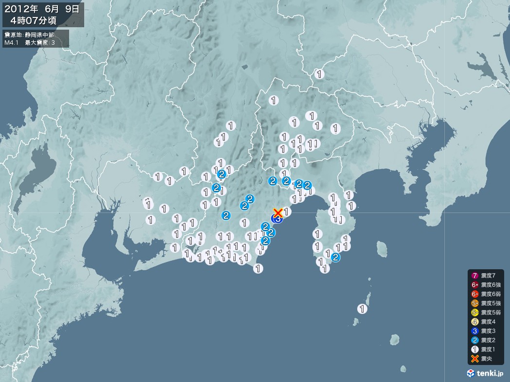 地震情報 2012年06月09日 04時07分頃発生 最大震度：3 震源地：静岡県中部(拡大画像)