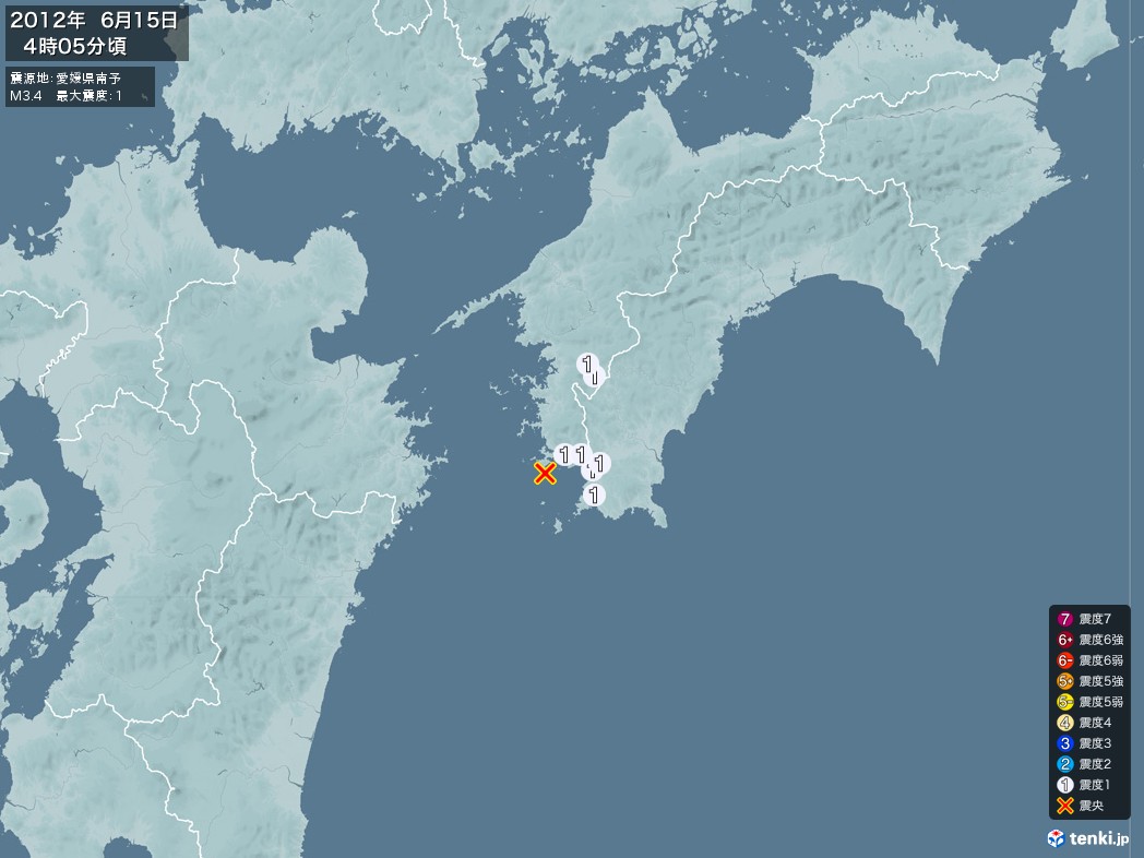 地震情報 2012年06月15日 04時05分頃発生 最大震度：1 震源地：愛媛県南予(拡大画像)