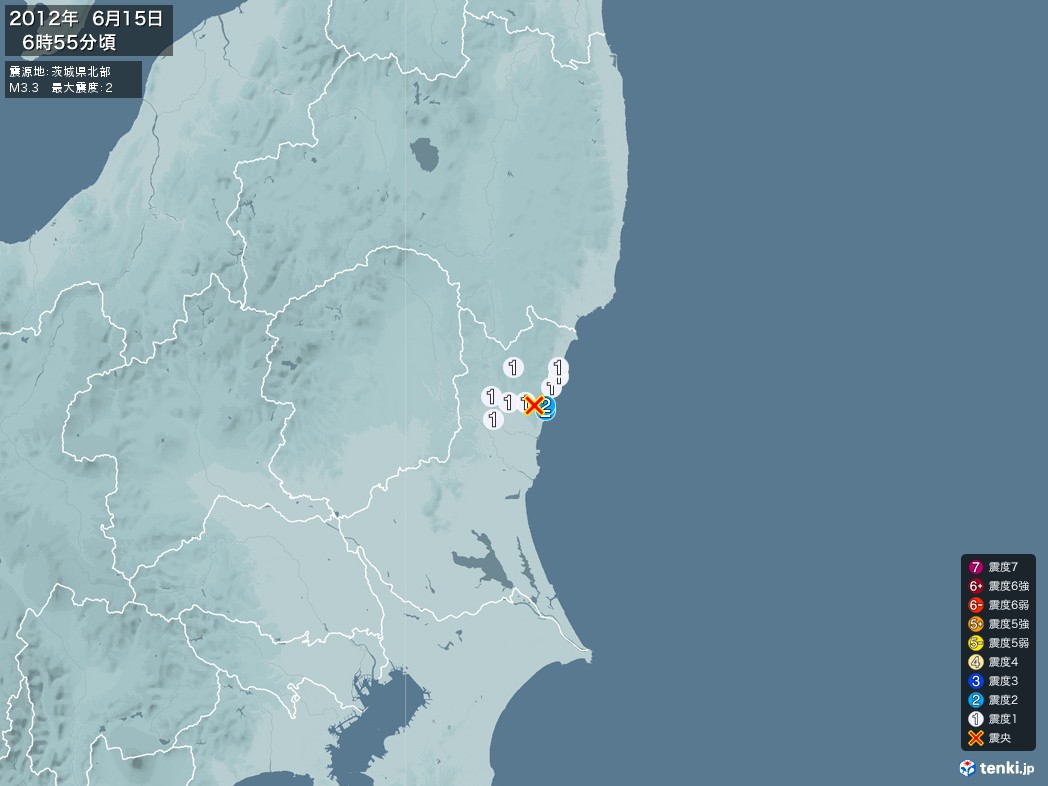 地震情報 2012年06月15日 06時55分頃発生 最大震度：2 震源地：茨城県北部(拡大画像)