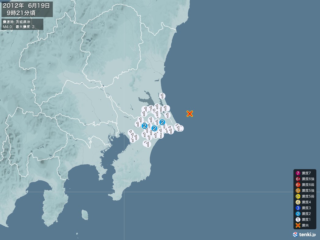地震情報 2012年06月19日 09時21分頃発生 最大震度：2 震源地：茨城県沖(拡大画像)