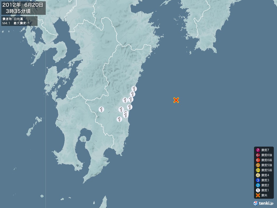 地震情報 2012年06月20日 03時35分頃発生 最大震度：1 震源地：日向灘(拡大画像)