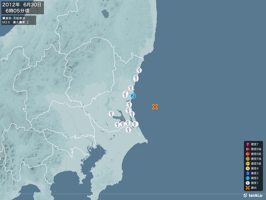 地震情報 2012年06月30日 06時05分頃発生 最大震度：2 震源地：茨城県沖(拡大画像)
