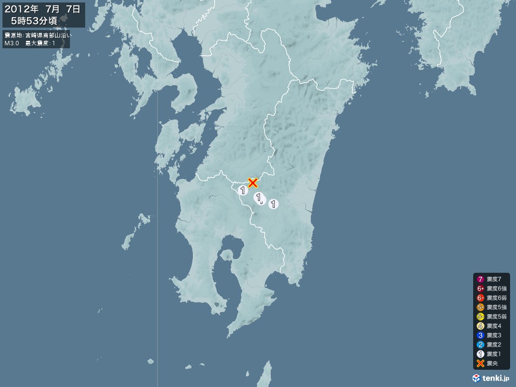 地震情報 2012年07月07日 05時53分頃発生 最大震度：1 震源地：宮崎県南部山沿い(拡大画像)