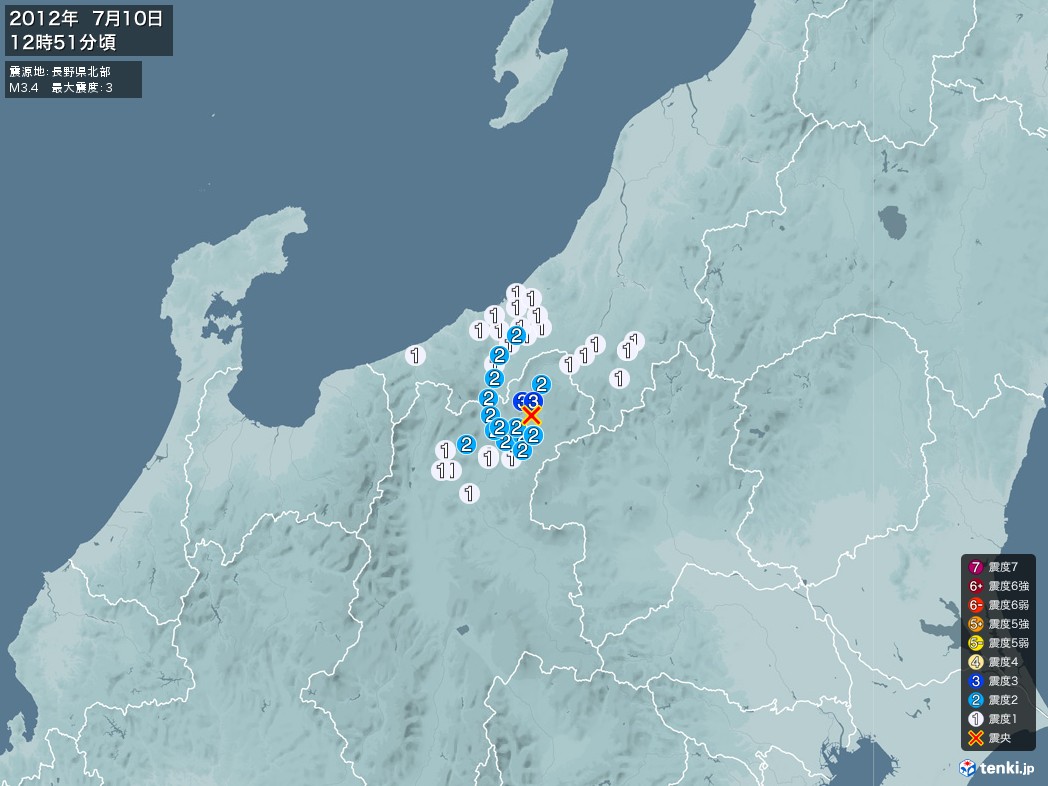 地震情報 2012年07月10日 12時51分頃発生 最大震度：3 震源地：長野県北部(拡大画像)