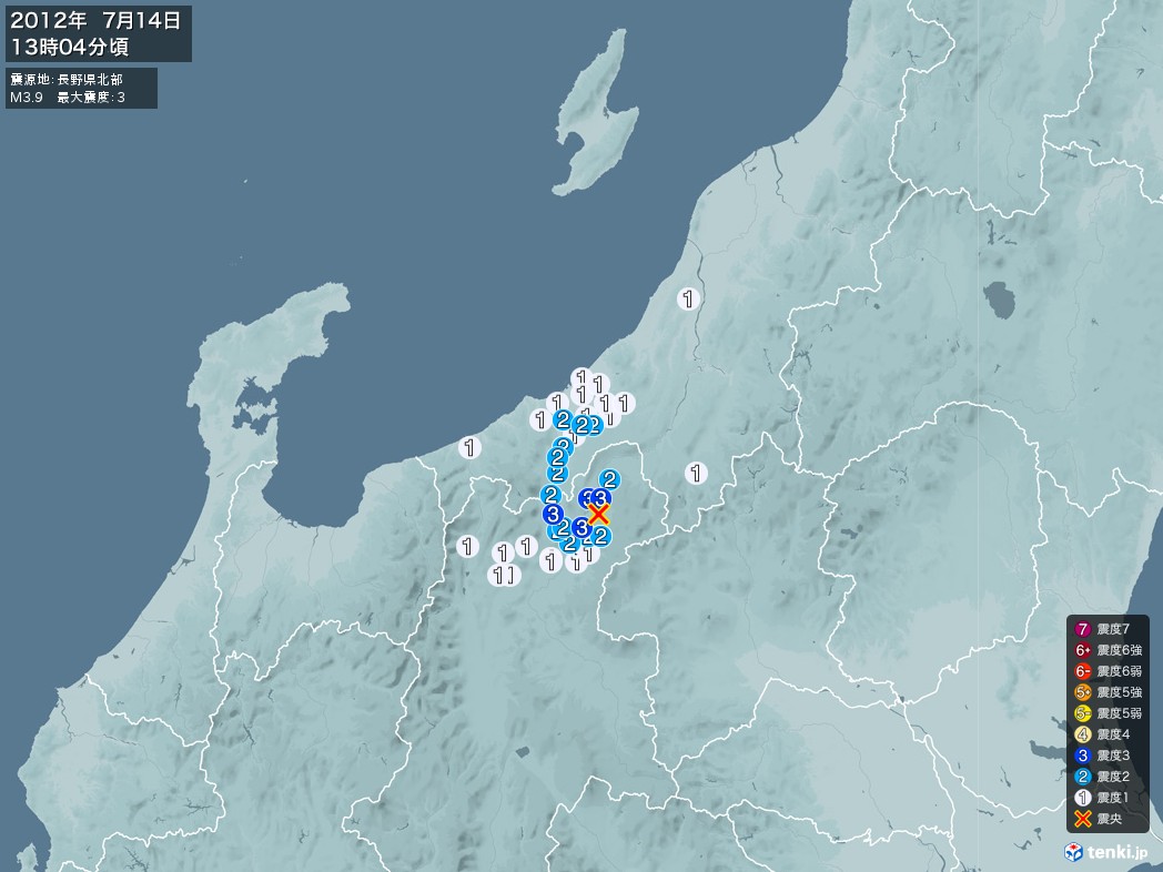 地震情報 2012年07月14日 13時04分頃発生 最大震度：3 震源地：長野県北部(拡大画像)