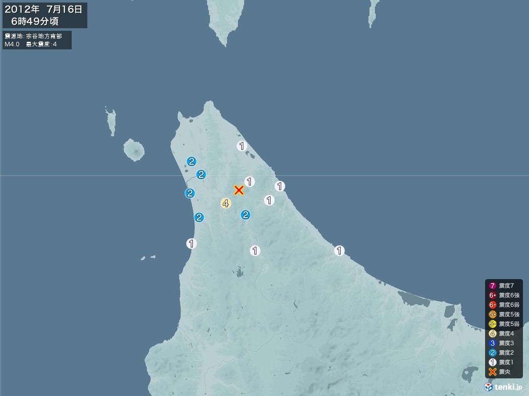 地震情報 2012年07月16日 06時49分頃発生 最大震度：4 震源地：宗谷地方南部(拡大画像)