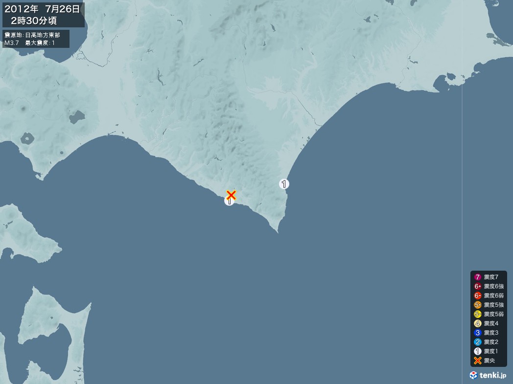 地震情報 2012年07月26日 02時30分頃発生 最大震度：1 震源地：日高地方東部(拡大画像)