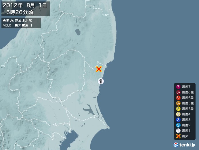 地震情報(2012年08月01日05時26分発生)