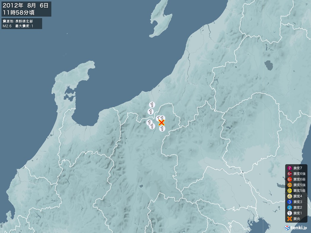 地震情報 2012年08月06日 11時58分頃発生 最大震度：1 震源地：長野県北部(拡大画像)